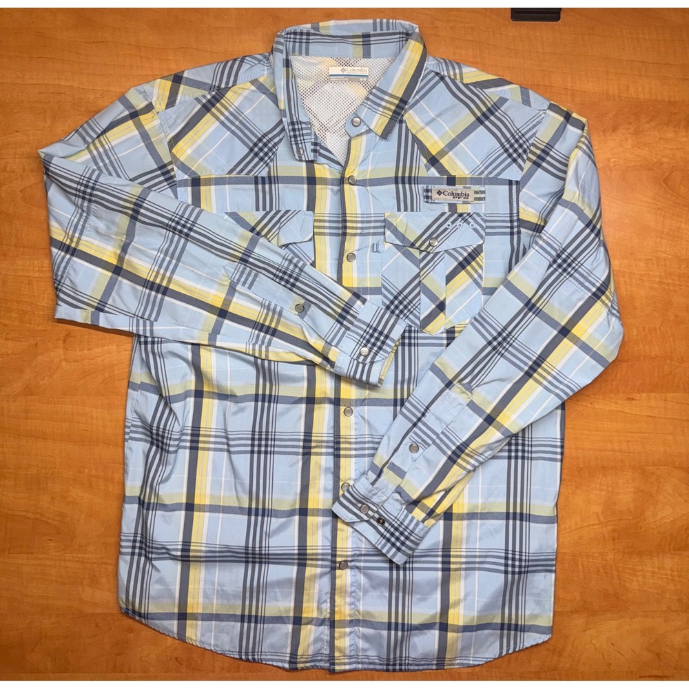 Columbia PFG Mens Medium Blue Yellow Plaid Long Sleeve Fishing Shirt Vented Back